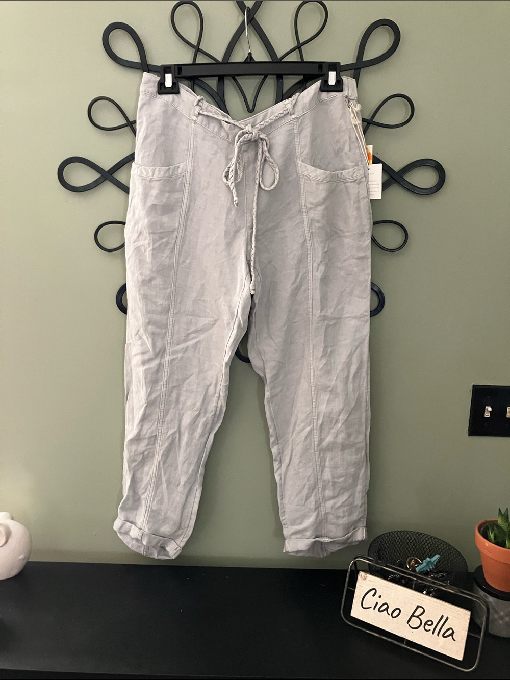 C&C California Pale Gray Straight-Leg Linen Drawstring Pants